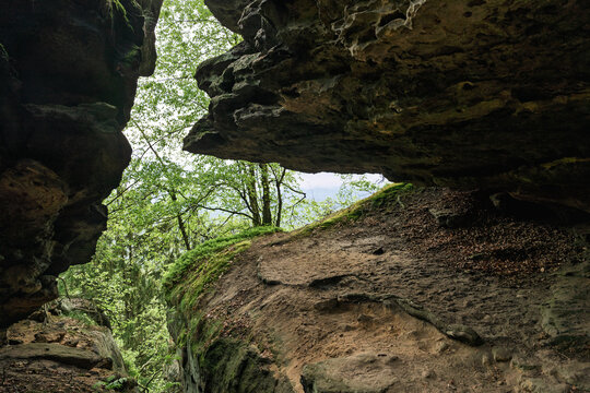 Atmospheric sandstone passage near Grosser Zschirnstein, Saxon Switzerland, Germany.