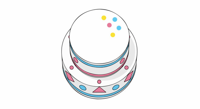Round layered cake with pink, blue, and yellow dots and geometric patterns