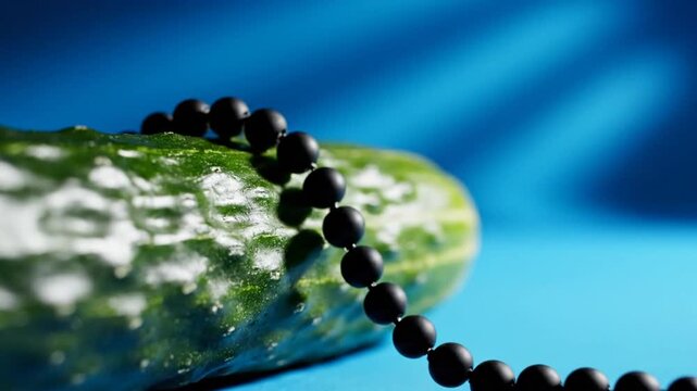 Close-up of a cucumber adorned with a black bead necklace, set against a vibrant blue backdrop, evoking a sense of elegance and playfulness
