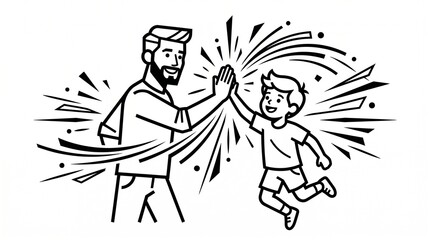 Obraz premium Black and white line drawing of a happy father and son high-fiving with radiating energy, celebrating success or connection.