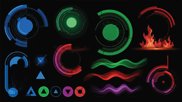 Abstract neon circular rings and flame elements in vibrant colorful design with glowing energy motifs.