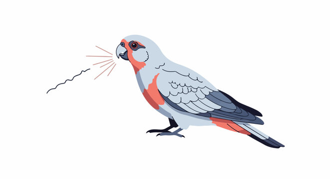 A light gray and pink parrot is depicted mid-squawk, emitting sound waves
