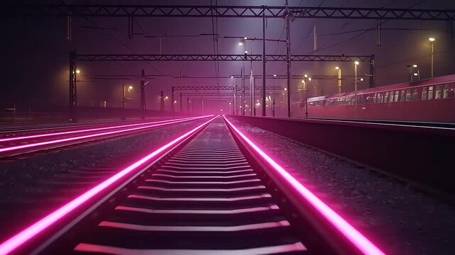 Train Tracks with Pink Light Trails at Night.