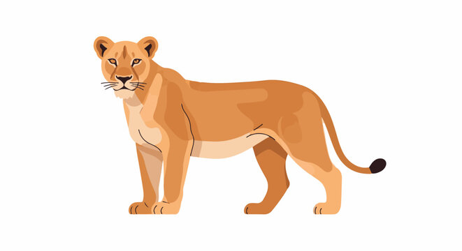 A stylized illustration of a proud lioness standing tall on a white background