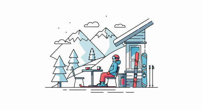 Skier enjoys a break with hot drinks and snow-capped mountains