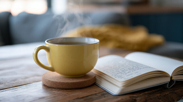 Single ceramic mug of green tea beside open notebook on early morning kitchen table, steam rising in soft mist light, handwritten notes about polyphenol content and antioxidant benefits, quiet schol