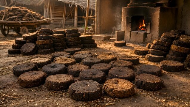 Dung cake in line with fields background at village atmospheric making process of dry in Sun shine making fuel for clay made stove buring fire traditional objects made by Indian women generated by AI