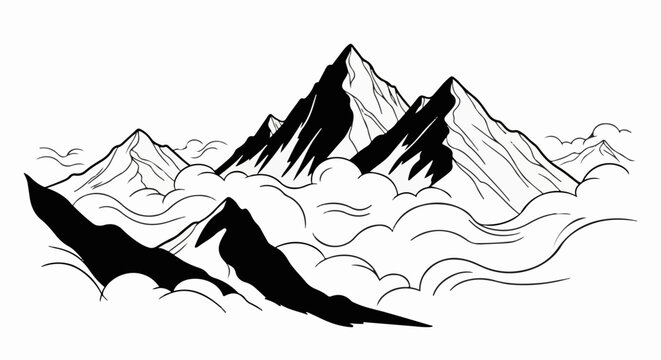Stark mountain peaks pierce through a sea of swirling, stylized clouds
