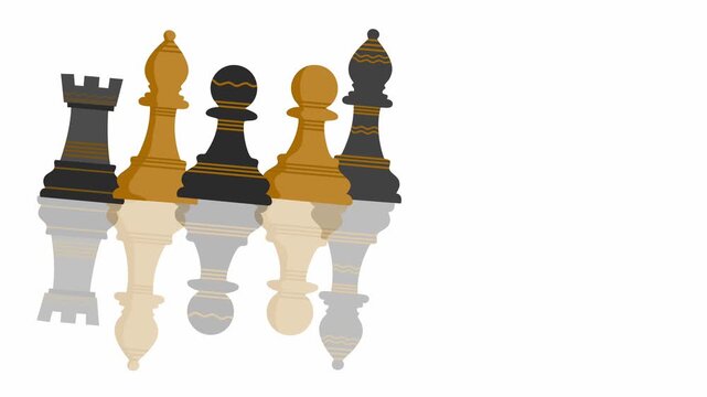 Horizontal landscape row of chess pieces with smooth reflection