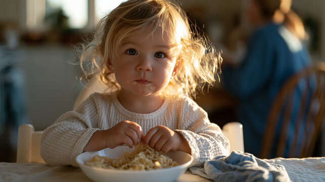 Intuitive eating principle demonstrated by toddler self-feeding at high chair, engaged expression of self-regulation, modest family kitchen, golden hour window light, parent watching supportively fr