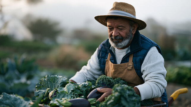 Early morning mist over community allotment garden where retired man harvests deep purple eggplant and kale, wheelbarrow beside him, phytochemical rich vegetables glistening with dew in soft diffuse