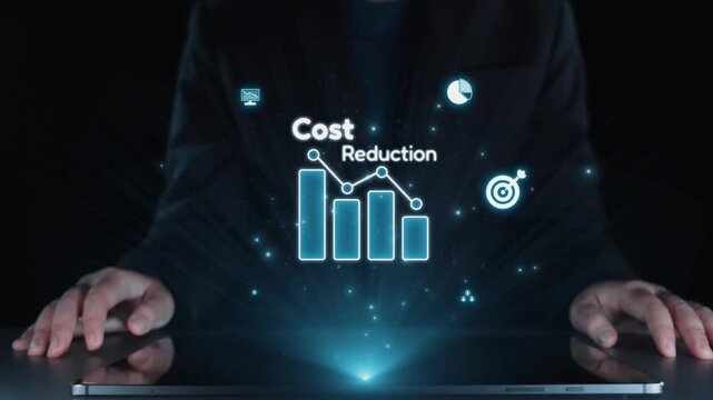 This image illustrates the concept of cost reduction in finance using innovative technology, featuring graphs, icons, and digital elements for business growth and strategy. Qubit