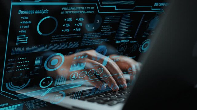Examine a modern workspace featuring advanced data analytics visualized on a laptop screen, showcasing metrics and statistics that inform business strategies. Cipher