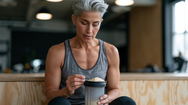 Athletic woman in her forties measuring precise creatine powder serving into shaker bottle on gym bench, evidence based approach visible through methodical action, harsh overhead gym lighting, serio