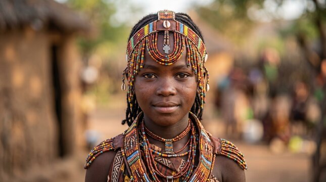 African tribal girl with dignified and serene mood wearing traditional jewelry and ornate headpiece representing cultural heritage against village background