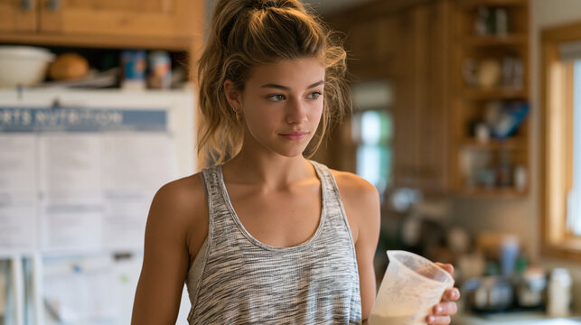 Athletic teenage girl preparing pre-competition meal in family kitchen, measuring hydration drink powder with focused expression, sports nutrition chart on refrigerator, back to school athletic seas