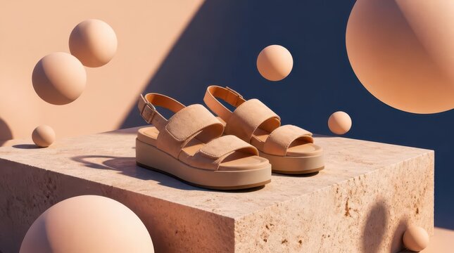 Minimalist suede platform sandals rest on a monolithic stone block in this artistic widescreen composition featuring floating spheres and soft ambient lighting for a modern fashion product display.