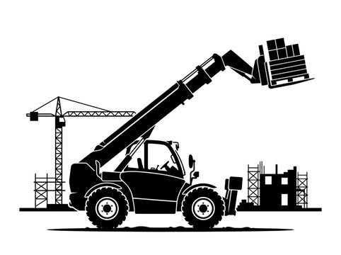 Silhouette of a telescopic handler lifting construction materials.