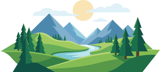 Fototapeta premium A vibrant flat design illustration of a serene mountain landscape with a winding river, lush green hills, tall pine trees, and a bright sun in a blue sky.