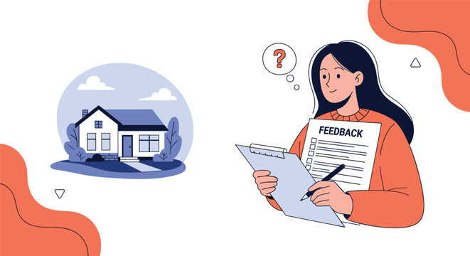 Young woman carefully fills out a feedback form while thinking about her recent real estate or home buying experience.