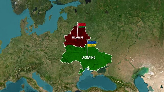Belarus and Ukraine are highlighted on the satellite map with national flags waving prominently