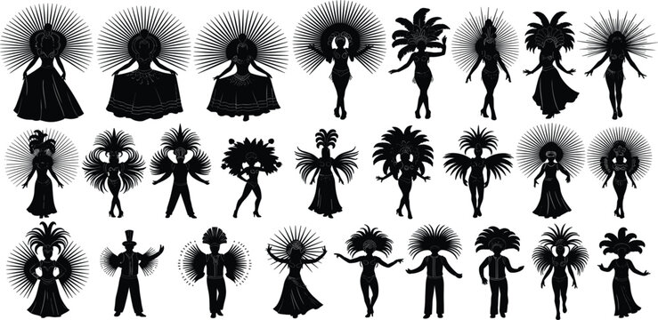 Carnival Dancer Silhouette Icon Set with Samba Performers wearing Feather Headdresses for Festival Events Brazilian Rio Party and Showgirl Stage Performance