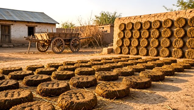 Dung cake in line with fields background at village atmospheric making process of dry in Sun shine making fuel for clay made stove buring fire traditional objects made by Indian women generated by AI