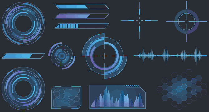 A collection of futuristic blue and purple HUD elements, including circular targets, progress bars, waveforms, and data displays, on a dark background.