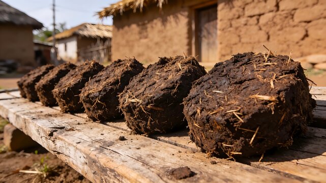 Dung cake in line with fields background at village atmospheric making process of dry in Sun shine making fuel for clay made stove buring fire traditional objects made by Indian women generated by AI