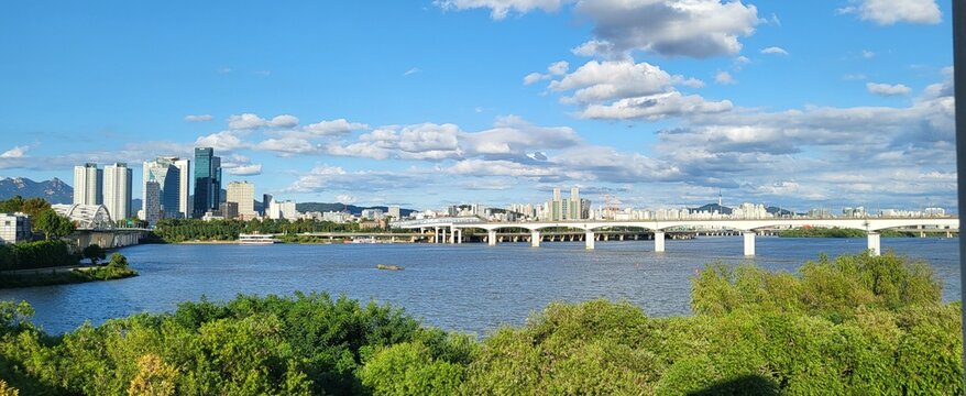 Seoul Skyline and Han River Bridge Panoramic View South Korea