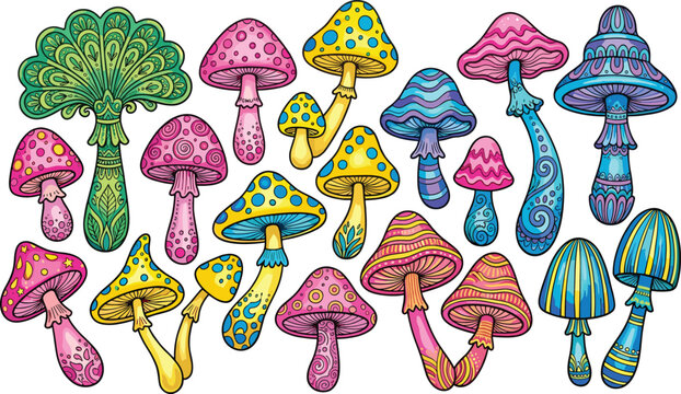 Psychedelic Mushroom Vector Set with Colorful Trippy Patterns, Magic Fungus Doodles, and Groovy Hippie Design Elements for Bohemian Art Prints