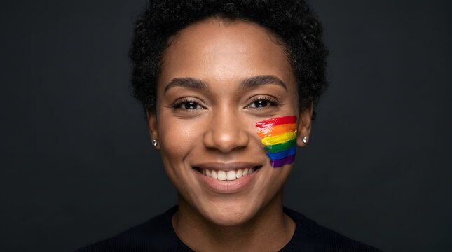 Portrait of Smiling Androgynous Person with Rainbow Flag Face Painting