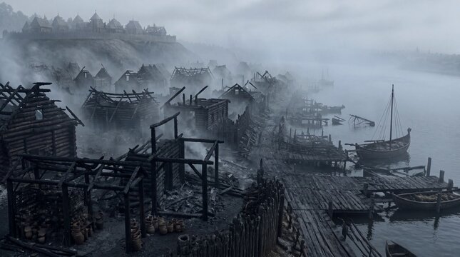 Amid a mysterious fog, a medieval village awakens by the riverbank. Wooden structures rise from the mist, while boats sway gently, creating a serene yet haunting atmosphere.