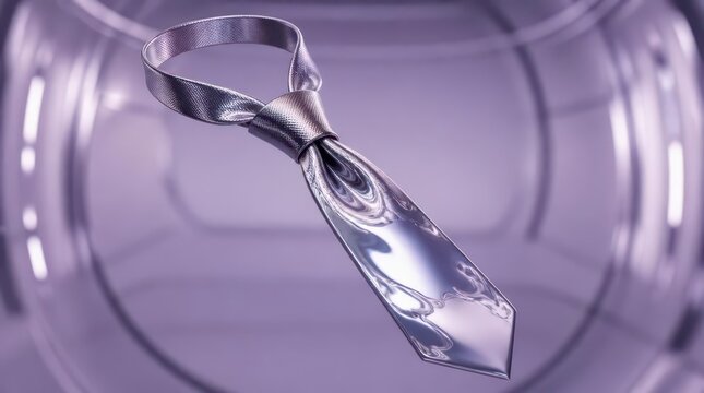 A hyper realistic 3D necktie suspended in a zero gravity chamber with a metallic finish and soft purple lighting, displaying a futuristic design element that floats elegantly in space.