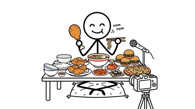 stickman, stick figure, stickman mukbang content creator eating food on camera, cartoon stick figure hosting online food eating show, stickman food blogger recording eating video isolated on white