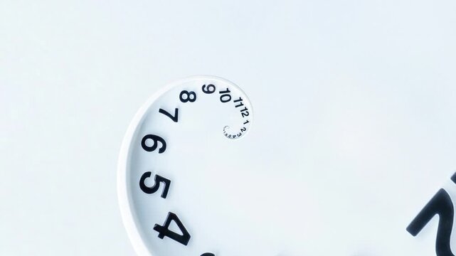 Elegant seamless loop animation featuring a white spiral clock with an infinite recursive time tunnel effect.