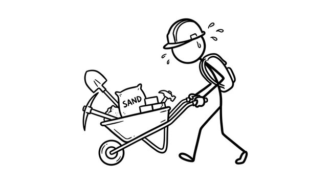 stickman, stick figure, stickman construction worker pushing wheelbarrow isolated on white background, construction worker with tools cartoon, cartoon builder carrying construction illustration