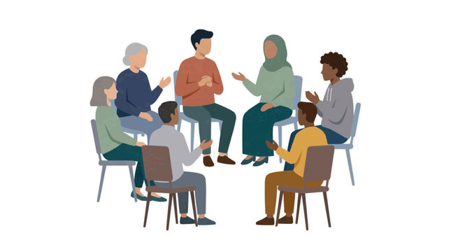 Diverse group of people sitting in a circle and talking together in a meeting or support group