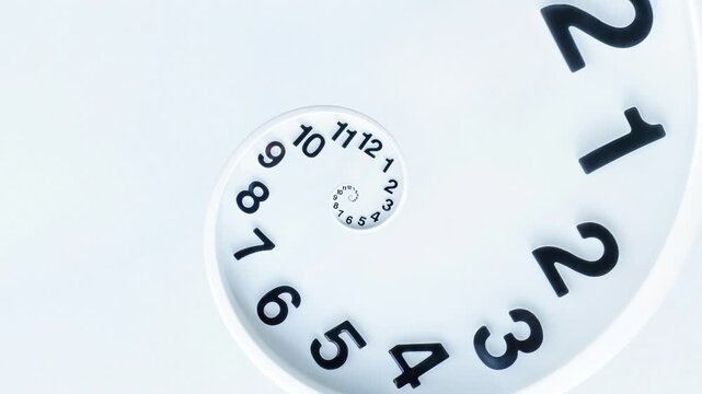 Elegant seamless loop animation featuring a white spiral clock with an infinite recursive time tunnel effect.