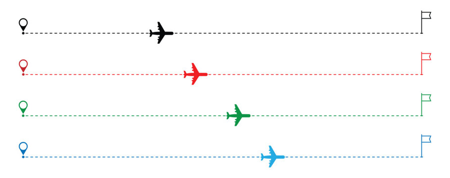 The flight path of the aircraft from the point of location along the dotted line. Aircraft tracking, planes, travel, map pins, location pins. Vector illustration.