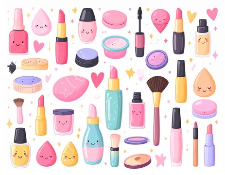Cute Kawaii Makeup Cosmetics Vector Set with Lipstick, Mascara, Nail Polish and Beauty Accessories Isolated on White Background