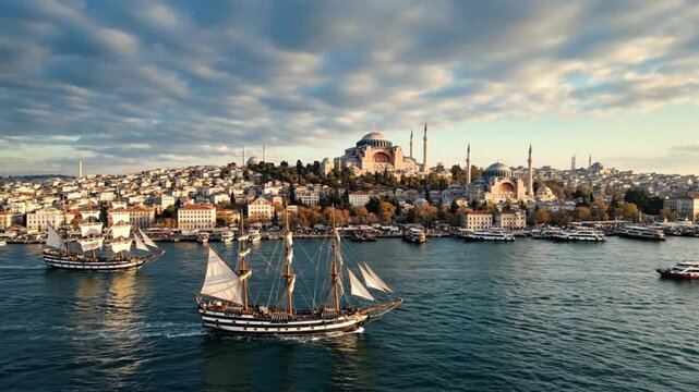 Scenic aerial view of Istanbul waterfront with historic sailing ships, hagia sophia, and cityscape during sunset