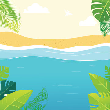 Tropical beach scene with palm leaves and calm ocean waves tropical vacation seascape paradise background illustration