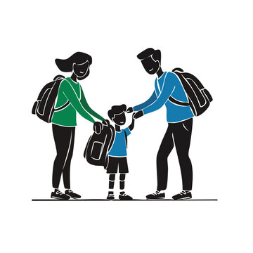 Family silhouette with backpacks on white background back to school silhouette backpacks together illustration minimalist