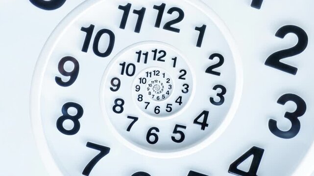 Elegant seamless loop animation featuring a white spiral clock with an infinite recursive time tunnel effect.