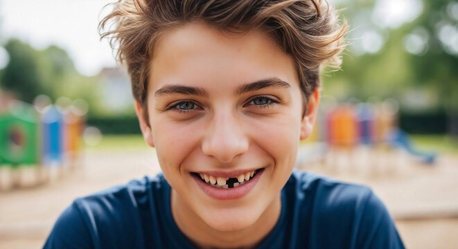 Teenager with missing tooth grin, smiling directly at camera. Youthful missing tooth grin shows natural tooth development. Ideal for pediatric dentistry, family ads.