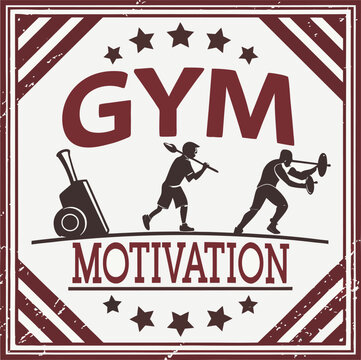 Gym motivation vintage emblem badge design with working out silhouettes and retro texture