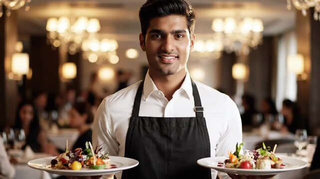 Smiling waiter holding plates of food in a fancy restaurant, with customers and staff in the background