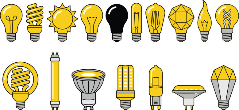 Light Bulb Icon Set with Edison Vintage Lamps, LED Bulbs, Halogen Spots, and Fluorescent Tubes for Idea Innovation and Lighting Energy Concepts