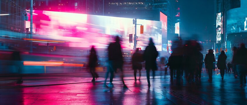 Night city street glows with neon lights